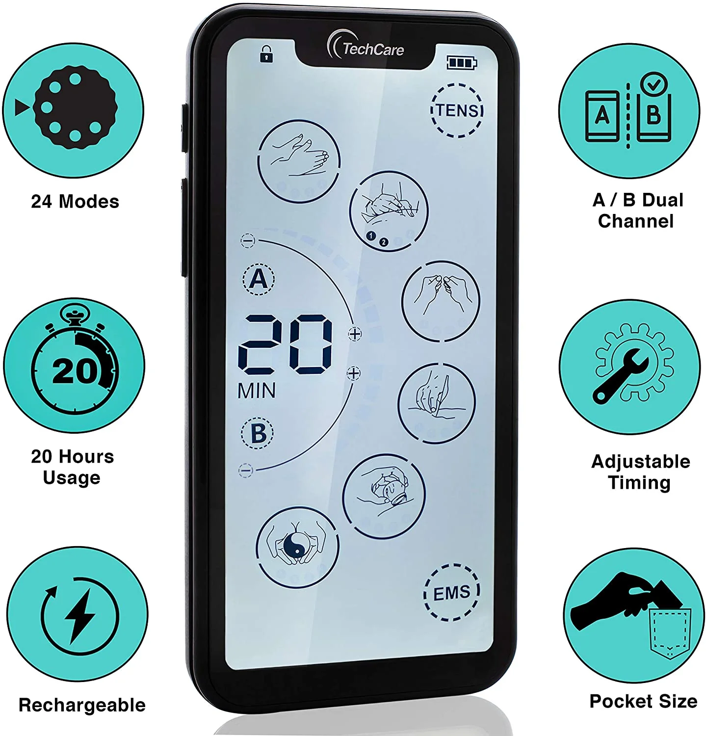 Techcare Touch X Tens Unit Muscle Stimulator 24 Massage Modes + Protective Travel Case - Image 4