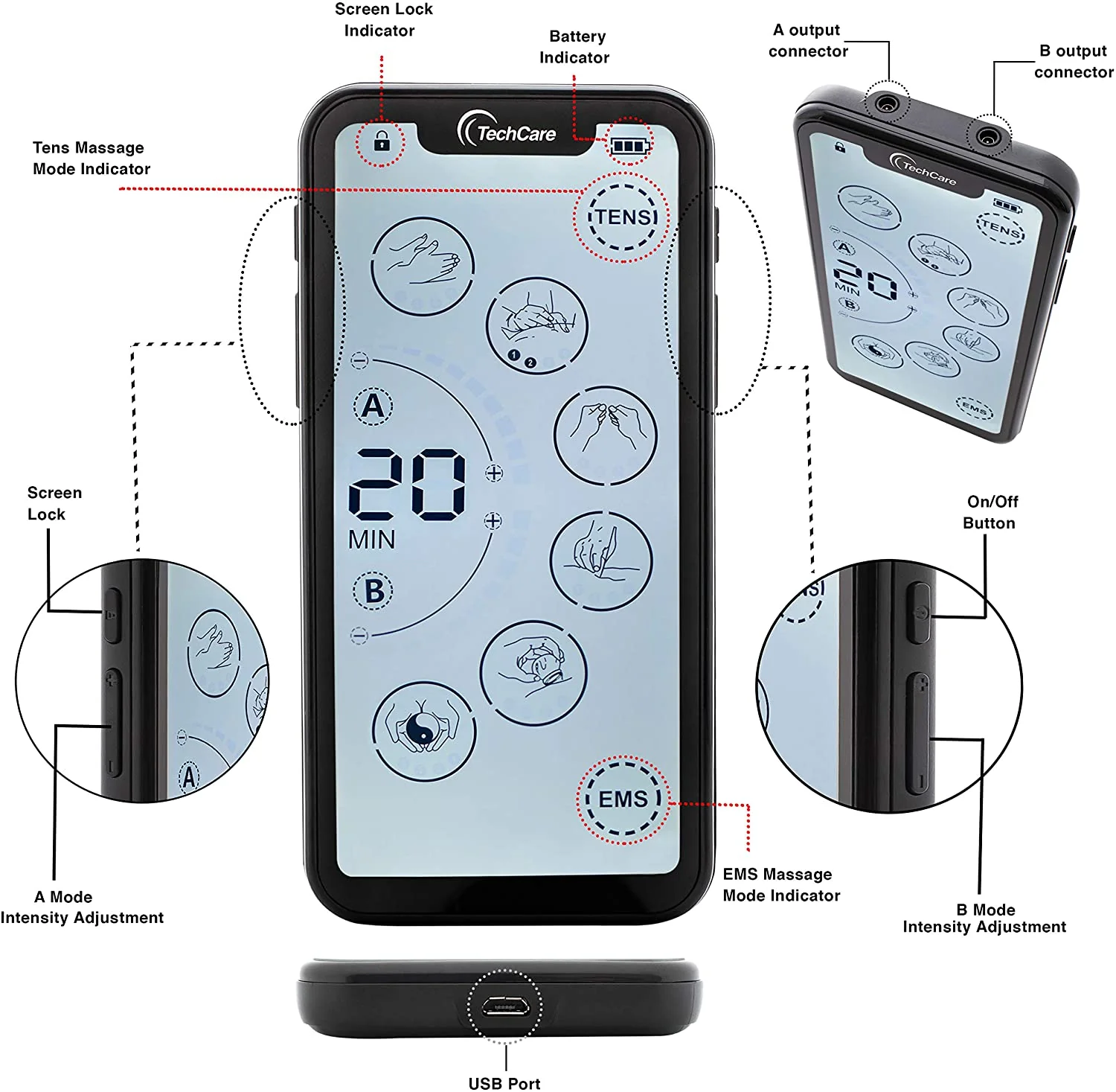 Techcare Touch X Tens Unit Muscle Stimulator Combo Set With Massager Belt Attachment - Image 4